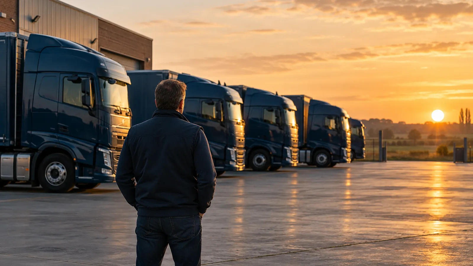 Dirigeant de transport de dos dans la cour de son dépôt au coucher du soleil, regardant ses camions bleu marine alignés