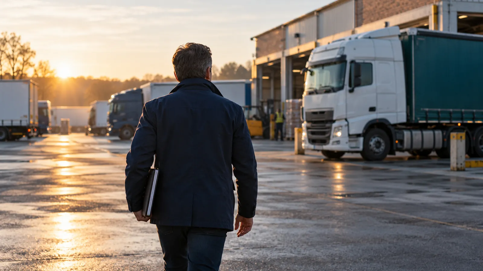 Repreneur de dos arrivant à pied dans une cour de dépôt au matin, camions à quai, carnet sous le bras