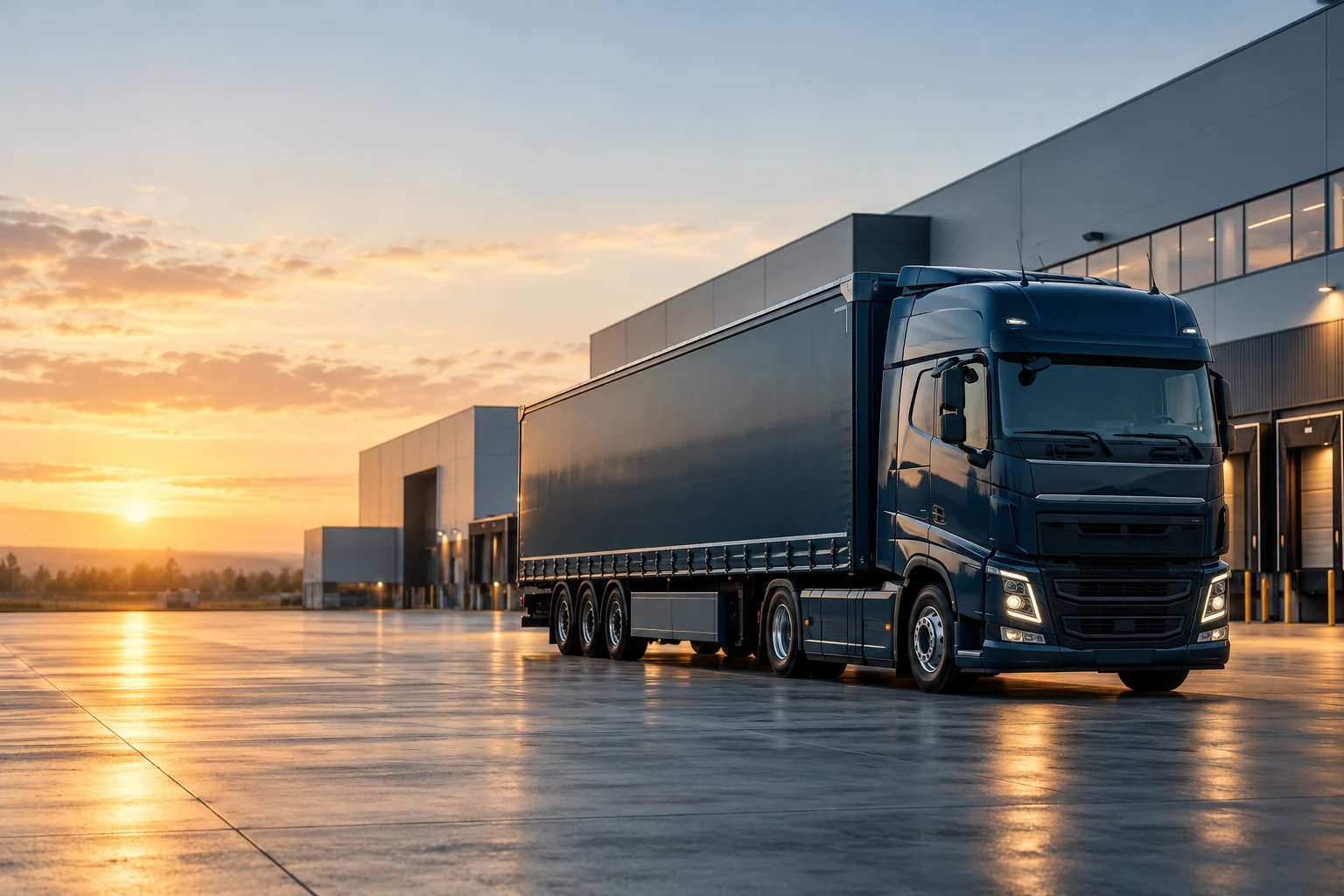 Photographie illustrative générée : plateforme logistique au coucher du soleil, camion bleu marine à quai